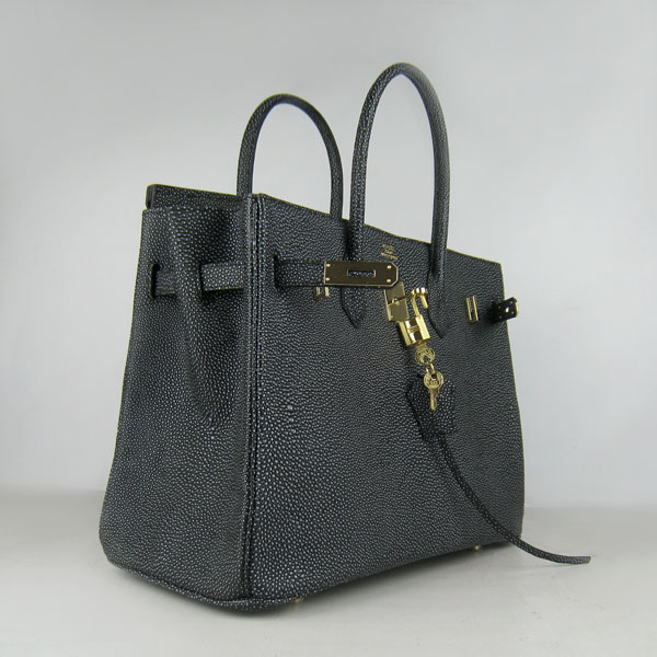 High Quality Fake Hermes Birkin 35CM Pearl Veins Leather Bag Black 6089 - Click Image to Close